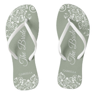 Tongs Dentelle blanche sur Sage Green La mariée Mariage 