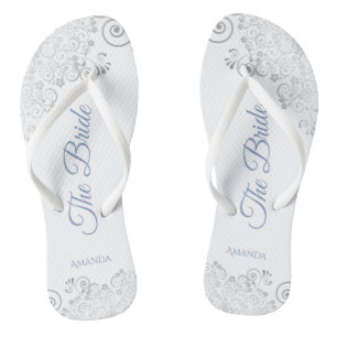 Tongs Dentelle d'argent et sommier bleu Script Le Mariag