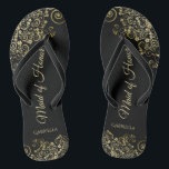 Tongs Dentelle d'or sur le noir Elegant Maid of Honor Ma<br><div class="desc">Ces belles tongs mariages sont une excellente façon de remercier et de reconnaître votre bonne d'honneur tout en lui épargnant les pieds en même temps. Dispose d'un design élégant avec des garnitures en dentelle dorée sur un arrière - plan noir et des lettres de script de couleur or fantaisie. Le...</div>
