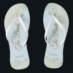 Tongs Dentelle d'or sur Poudre Bleu La mariée Mariage él<br><div class="desc">Dansez la nuit avec ces belles tongs mariages. Conçus pour la mariée, ils présentent un design simple mais élégant avec des scripts de couleur or en lettrage sur un arrière - plan bleu poudre clair et des boucles et tourbillons en dentelle dorée fantaisie. Belle façon de rester chic et approprié...</div>