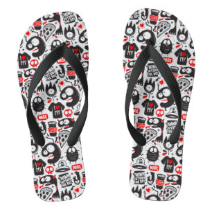 Tongs Doodle Whimsical Black et Red Monster