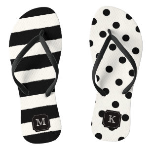 Tongs Élégant chic moderne Dots et rayures noirs Monogra