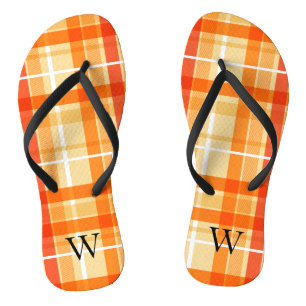 Tongs Élégant monogramme tartan plaid orange jaune