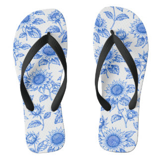 Tongs Elegant Toile du Jouy Sunflowers – Blue Botanical