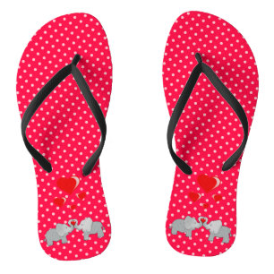 Tongs Éléphants Romantiques & Cœurs Rouges sur Points Po