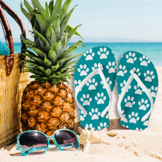 Tongs Empreintes de pattes De Chiens Sur Bleu, Vert Turq