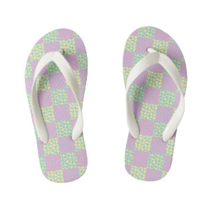 Tongs Enfants Amour à Carreaux Rose Pastel, Jaune, Violet & Vert