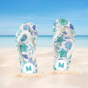 Tongs Enfants Aquarelle Coques de mer et monogramme d'étoiles de