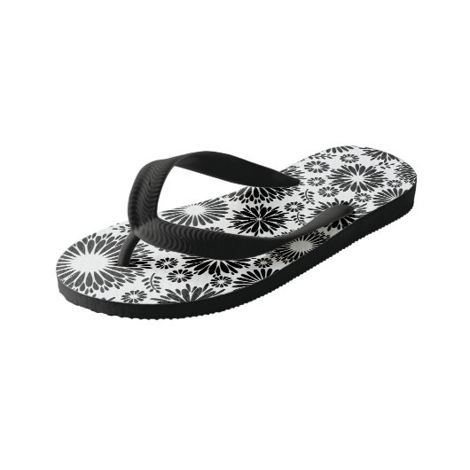 Tongs Enfants Boho fleurs Motif floral vectoriel noir et blanc (Incliné)