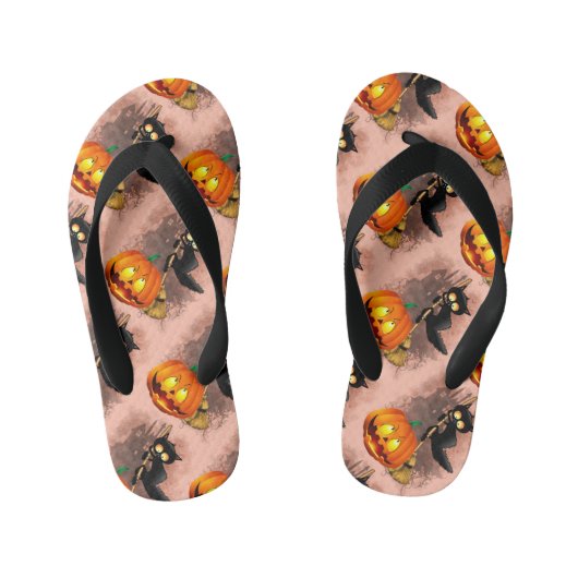 Tongs Enfants Chat effrayé par Citrouille Fun Halloween caractèr (Semelle)