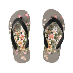 Tongs Enfants Crème, fleurs roses sur gris.