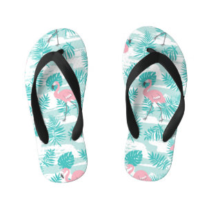 Tongs Enfants flamants roses, feuilles de palmiers verts, tropic