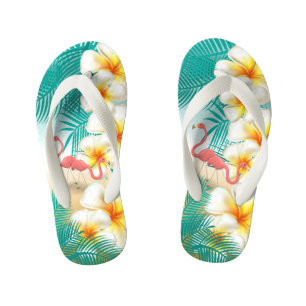 Tongs Enfants Flamants roses sur une plage tropicale Turquoise