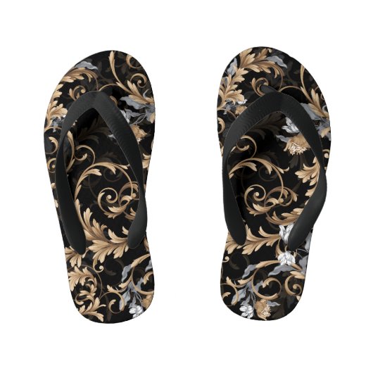Tongs Enfants Fleurs baroques classiques : arrière - plan noir. (Semelle)