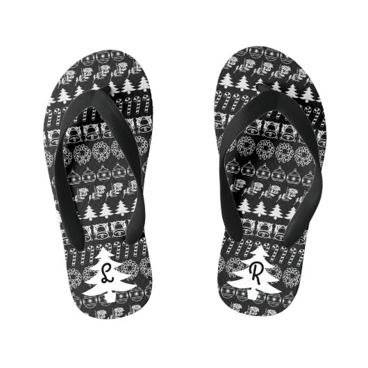 Tongs Enfants Initiales | Noir et blanc Motif de Noël Iconique (Semelle)