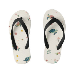 Tongs Enfants Motif de tortue marine à l'aquarelle Fleur florale