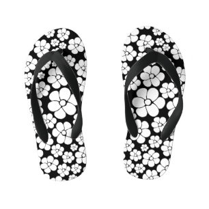 Tongs Enfants Motif Fleur rétro en blanc sur noir