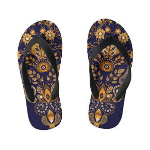 Tongs Enfants Or et bleu, motif sans couture fleurie.