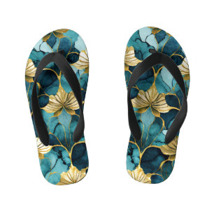 Tongs Enfants Or Turquoise floral japonais