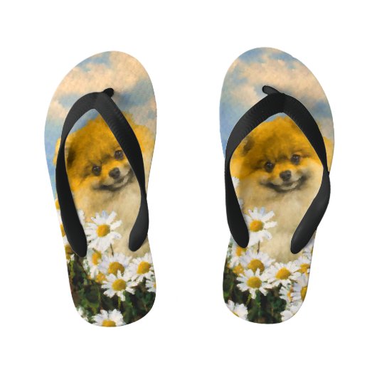 Tongs Enfants Poméranien dans Daisies Peinture - Art Chien origi (Semelle)
