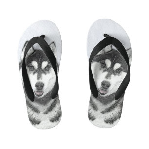 Tongs Enfants Sibérie Husky (noir et blanc) Peinture Chien Art