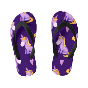 Tongs Enfants Violet Unicorns Hearts Aquarelle Motif.