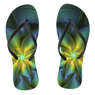 Tongs Etoile Abstraite, Bleu brillant Vert Or Fractal Ar