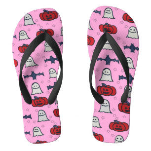 Tongs Fantômes d'Halloween rose, chauves-souris et Jack