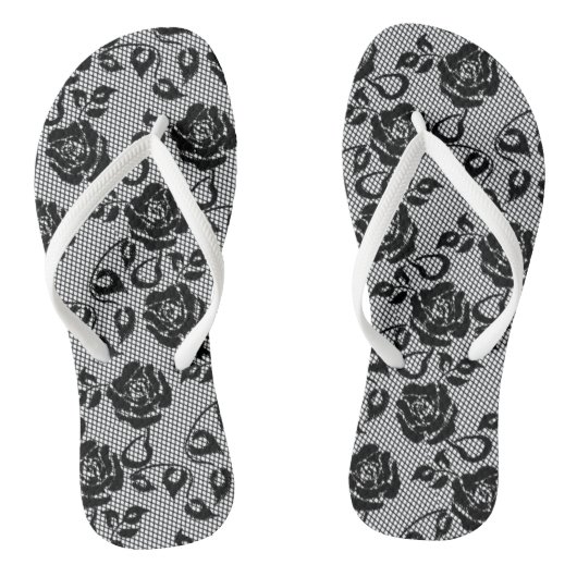 Tongs Faux Black Lace Rose Fishnet Flip Flops (Semelle)