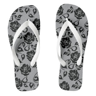 Tongs Faux Black Lace Rose Fishnet Flip Flops
