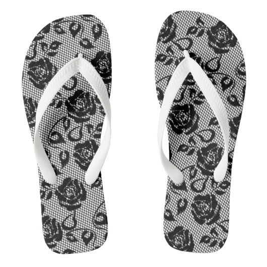 Tongs Faux Black Lace Rose Fishnet Flip Flops (Semelle)