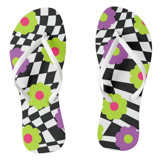 Tongs Feuilles À damiers Avec Fleurs De Style MOD (Semelle)