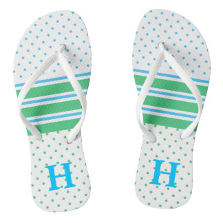 Tongs Feuilles de Motif bleu et vert monogrammes