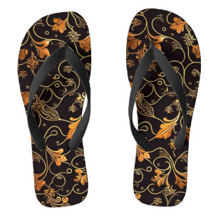 Tongs Feuilles et vrilles orange sur motif noir