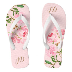 Tongs Fille rose Monogramme Floral Aquarelle Peony Flowe