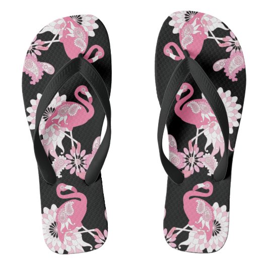 Tongs Flamant rose moderne noir rose Paisley (Semelle)