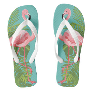 Tongs Flamant rose rose Tropical Feuille Turquoise