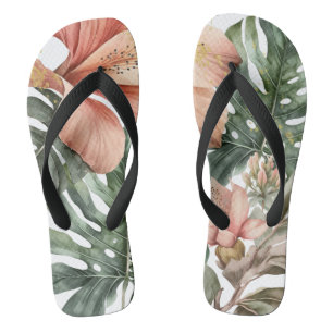 Tongs Fleur de jungle aquarelle pêche vert or éclaboussu