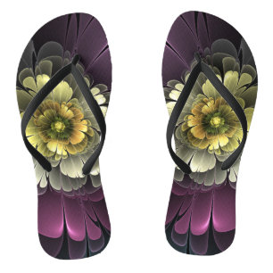 Tongs Fleur fractale grise et pourpre moderne abstraite