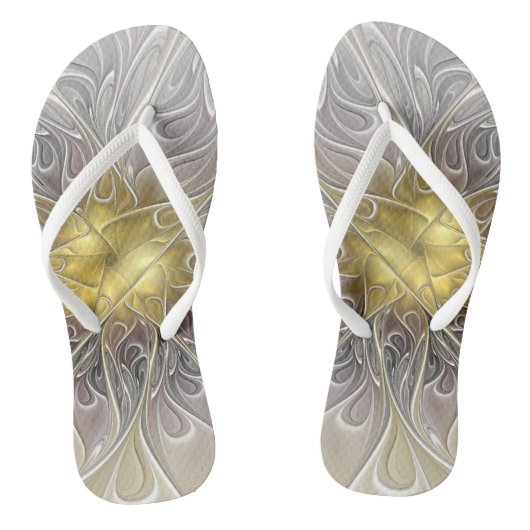 Tongs Fleurir Avec Or Moderne Fleur Abstraite Fractale (Semelle)