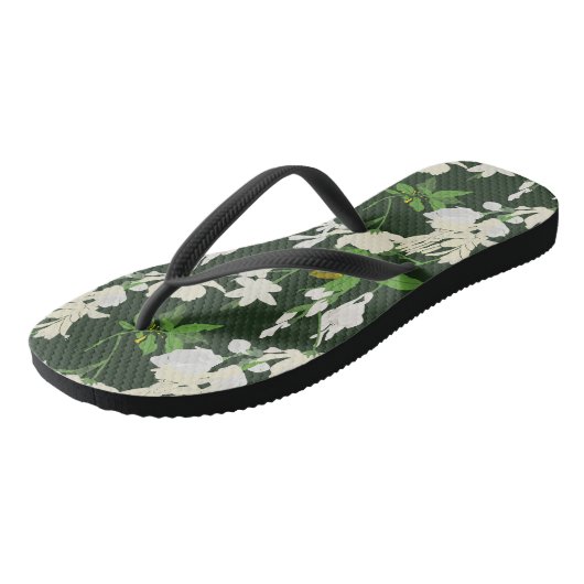 Tongs Fleurs blanches vert foncé (Incliné)