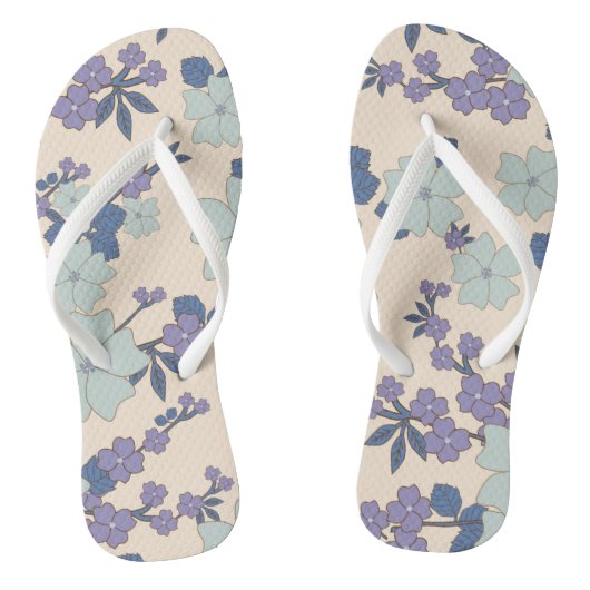 Tongs Fleurs Bleues, Fleurs Violettes, Motif Floral (Semelle)