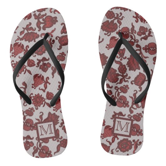 Tongs Fleurs Bohème Chic Floral Boho Rouge Gris Monogrm (Semelle)