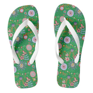 Tongs Fleurs d'art populaire Whimsical sur vert