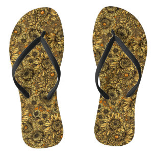 Tongs Fleurs de chrysanthème jaunes et coléoptères orang