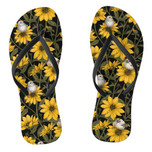 Tongs Fleurs de soleil sauvages et oiseaux de crête doré