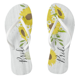 Tongs Fleurs de tournesol en bois rustique de mariée