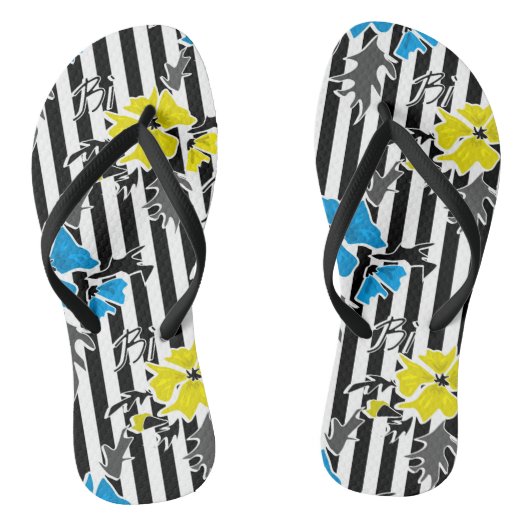 Tongs Fleurs florales bleues jaunes gris feuille st (Semelle)