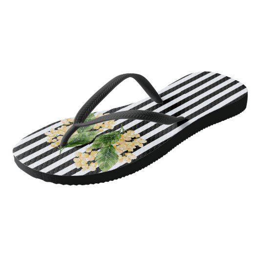 Tongs Fleurs jaunes sur rayures noir et blanc (Incliné)