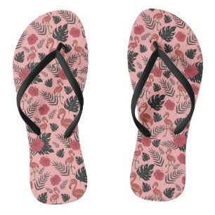 Tongs Fleurs motifs et feuilles flamands roses